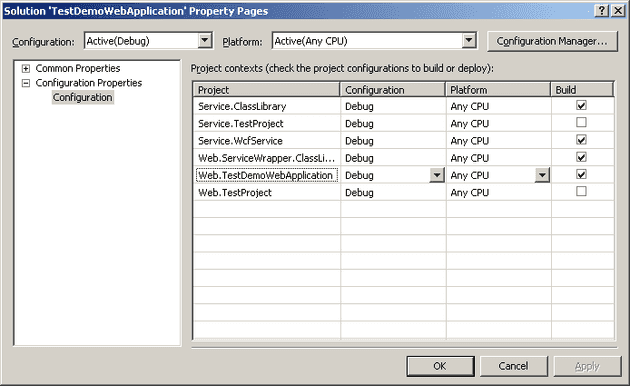 test wcf project solution properties